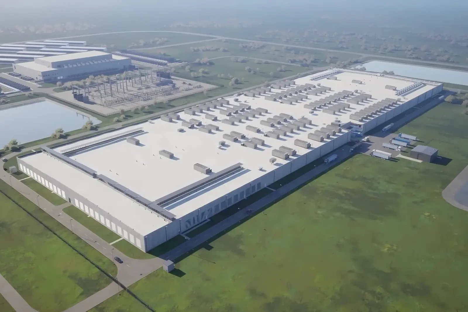 Aerial rendering of a large-scale data center campus